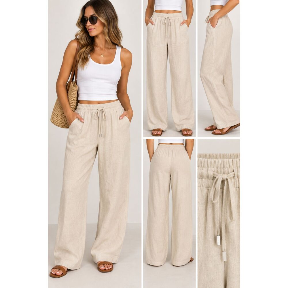Zara Womens M Linen Blend Wide Leg Pants Beige Drawstring NWT 9929/040/752